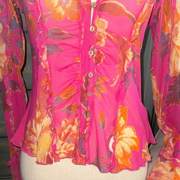Free People| Pink Floral Sheer Button-Up Top - Picture 3 of 8